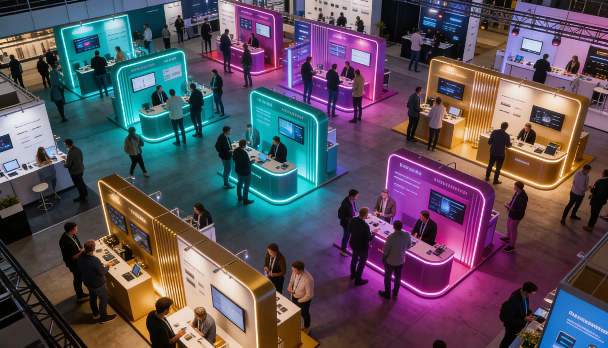 Tech expo floor with vibrant booth lighting